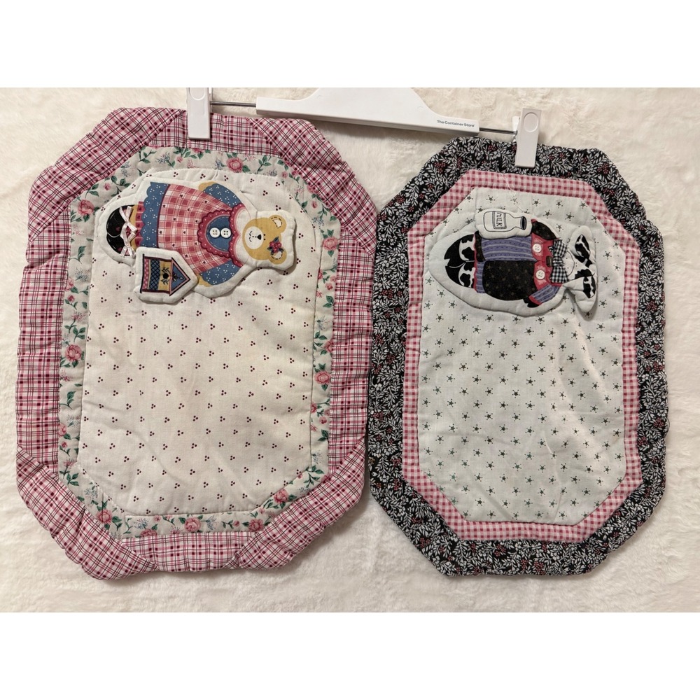 Vintage Quilted Placemats Set 2 Teddy Bear Cow Applique Farmhouse Red Blue